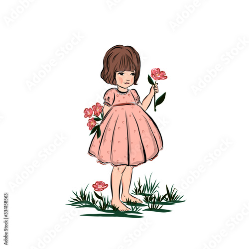 Little girl in dress holding bouquet of flowers standing barefoot on the grass