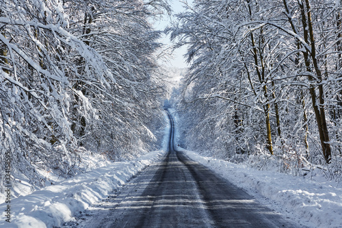 фотографія Amazing, snowy forest view with long road up, during winter.