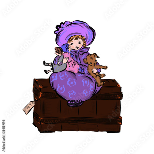 Little girl in vintage style sits on chest and holding dolls and toy dog.