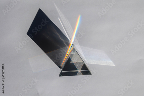prism dispersing sunlight splitting into a spectrum on a white background.