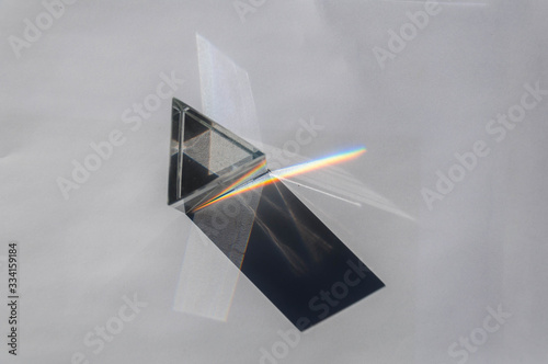 prism dispersing sunlight splitting into a spectrum on a white background.