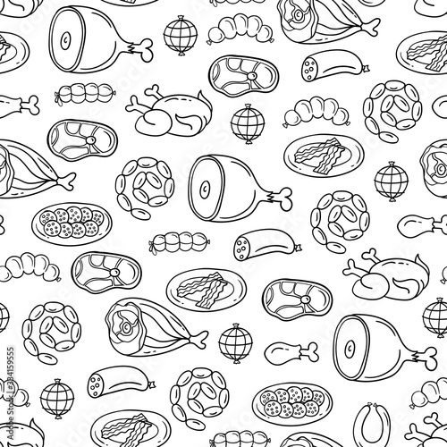 Vector pattern on the theme of food. Background with isolated meat, sausage, chicken, pork, beef on white color. Line art