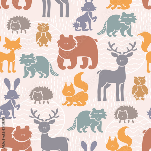 Fototapeta Naklejka Na Ścianę i Meble -  Vector colorful pattern with forest animals. Background on the theme of nature. Flat design