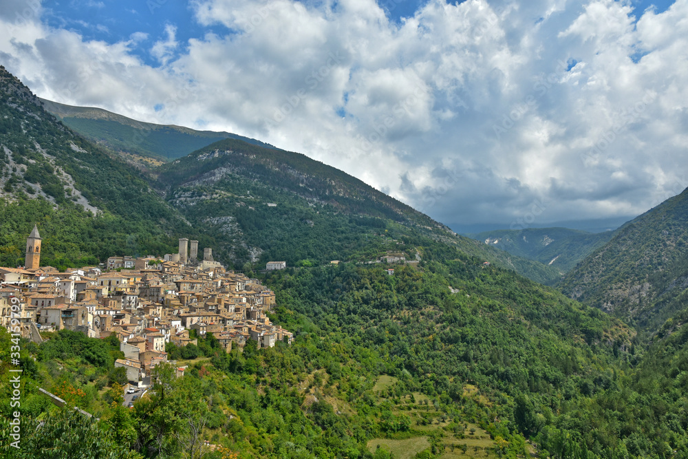Panoramic view of  Pacentro, a medieval village in the mountains of the Abruzzo region in Italy