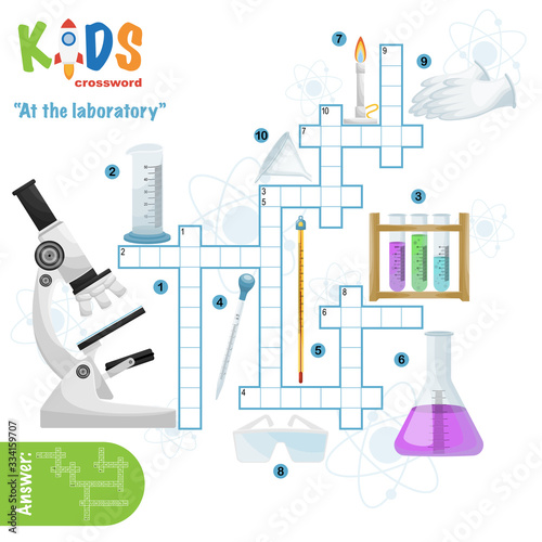 Easy crossword puzzle 'At the laboratory', for children in elementary and middle school. Fun way to practice language comprehension and expand vocabulary. Includes answers.