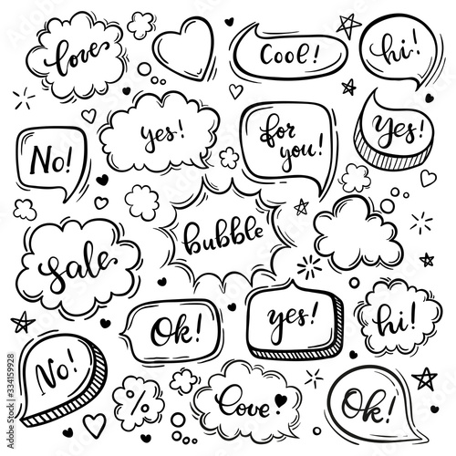 Set of hand drawn sketch Speach bubbles. Vector illustration