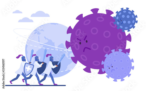 Doctors knights protect earth from angry covid-19 virus flat vector illustration concept, poster, banner. Stop coronavirus company, scientist fighting with modern epidemy pandemia.