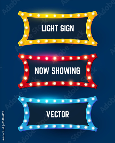Shining retro light sing set. Vintage banner with light bulbs. Cinema, theatre, ad, show and casino design.