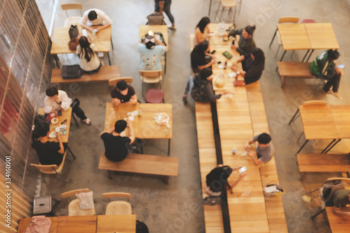 people meeting at food market, drinking and relaxing together, Blur countyard community background