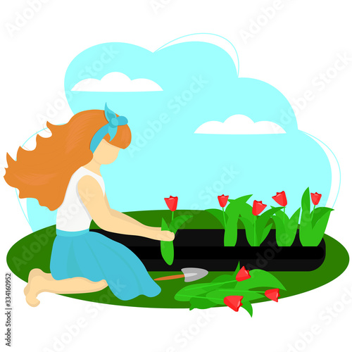Young redhair woman plants tulips in the flowerbed. Female character enjoying her hobby. Concept spring gardening work. Illustration in flat style.