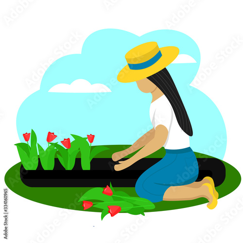 Young woman in straw hat plants tulips in the flowerbed. Female character enjoying her hobby. Concept spring gardening work. Illustration in flat style. 
