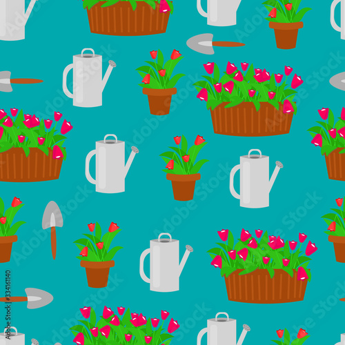 Seamless pattern of pot and flower beds with red and pink tulips, watering can and garden shovel. Cute background on the theme of spring garden work in flat style.