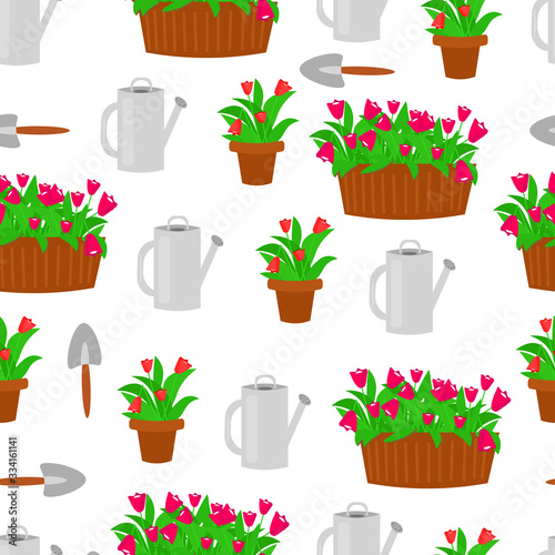 Seamless pattern of pot and flower beds with red and pink tulips, watering can and garden shovel. Cute background on the theme of spring garden work in flat style.