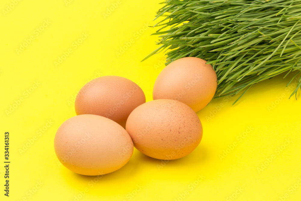 Brown eggs on green grass, isolated on yellow background. Brown eggs on green grass, isolated on yellow background.