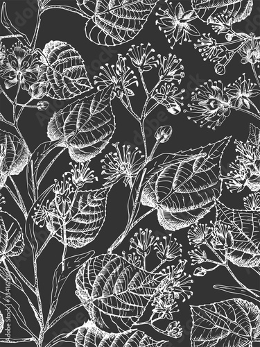 Wallpaper Mural Linden blossom hand drawn seamless pattern with flower, lives and branch in yellow and green colors on chalkboard background. Retro vintage graphic design Botanical sketch drawing, Torontodigital.ca