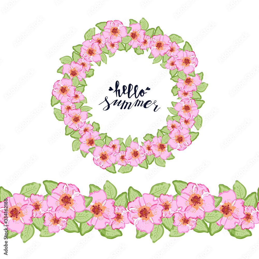 Hand drawn colorful dog rose flowers circular wreath and seamless brush. Floral decoration border, botanical design elements. Isolated on white background. Stock Vector illustration