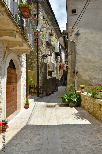 Pacentro  Italy. A narrow street between the old houses of a medieval village