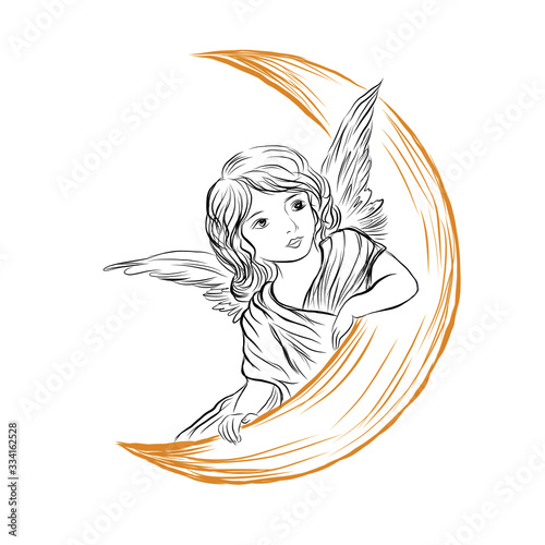 human angel with wings, religious character, decor for Orthodox or Catholic holidays. Greeting card for Christmas, Easter, angel's day. Faith in God and the unearthly.