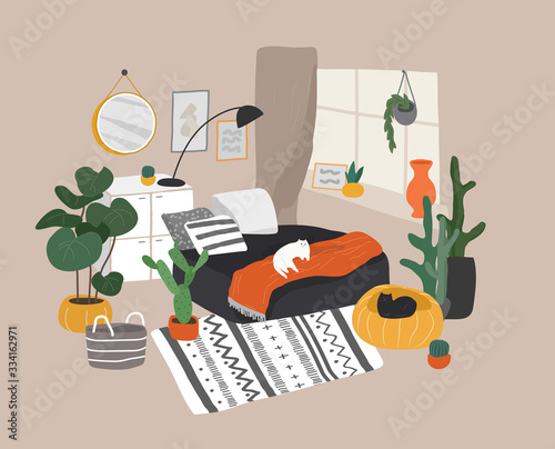 Girl girl sitting and resting on the couch with a cat and coffee. Daily life and everyday routine scene by young woman in scandinavian style cozy interior with homeplants. Cartoon vector