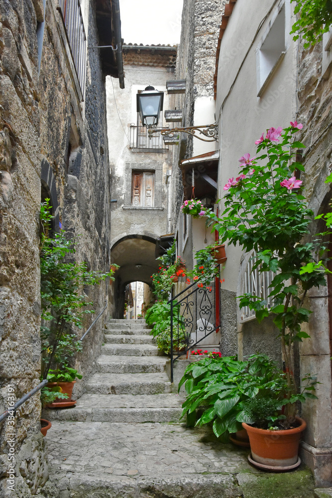 Pacentro, Italy. A narrow street between the old houses of a medieval
