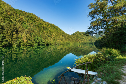 Fototapeta Naklejka Na Ścianę i Meble -  Lago di Levico, small beautiful lake in Italian Alps, Valsugana valley, Levico Terme town, Trento province, Trentino Alto Adige, Italy, Europe