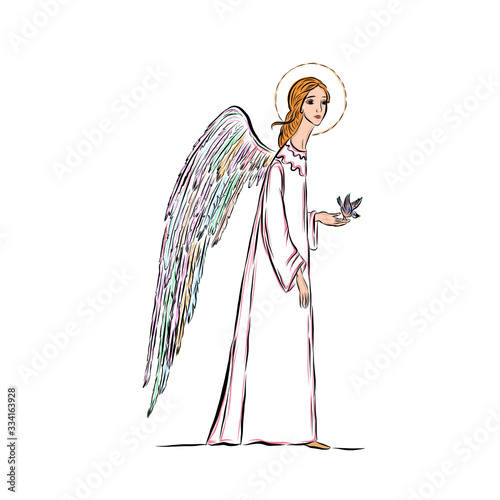 human angel with wings, religious character, decor for Orthodox or Catholic holidays. Greeting card for Christmas, Easter, angel's day. Faith in God and the unearthly.