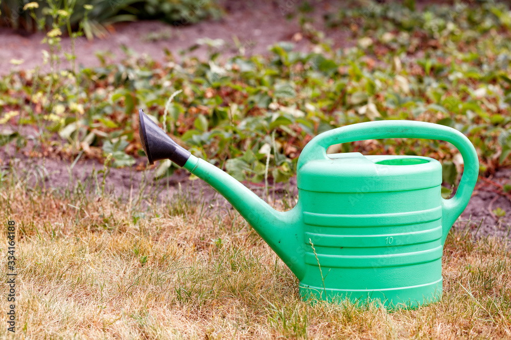 A ten-liter green plastic watering can stands on dry grass. A ten-liter green plastic watering can stands on dry grass.