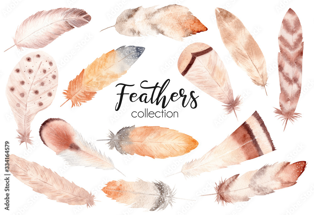 Watercolor hand painted feather set. Boho style illustration isolated on white.