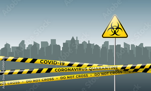 Layout of the quarantine area of coronavirus epidemic covid-19. Coronavirus quarantine warning tapes and biohazard sign. Pandemic covid 19. Epidemic barrage lines. Vector template, city on background