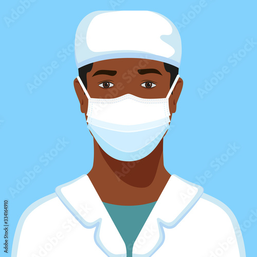 African American man physician in a medical cap and medical face mask avatar. Healthcare personal. Therapist. Hospital nurse. Vector Illustration.