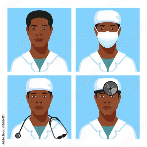 African American men physicians, ENTs in a medical cap and medical face mask, head reflector, stethoscope avatar set. Healthcare personal. Therapist. Hospital nurse. Vector Illustration.
