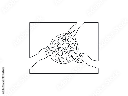 People eating pizza isolated line drawing, vector illustration design. Food collection.