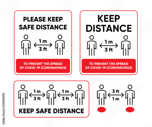 Please Keep Safe Distance sign for Public Place and Queue in Store. Human icons and Social Distance of 1 meter or 3 feet. Protection from Covid-19, Coronavirus outbreak spreading. Editable Line Vector