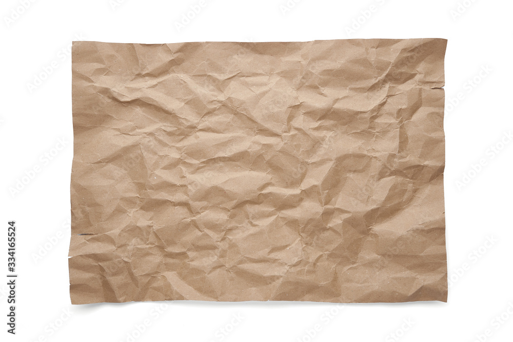 Wrinkled brown craft paper. Isolated sheet on white background