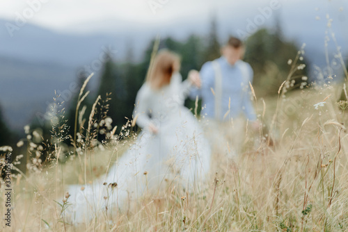 Tablou canvas Photoshoot of the bride and groom in the mountains