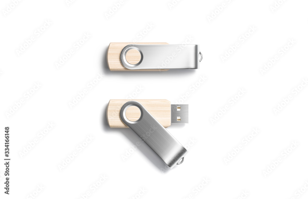 Fototapeta premium Blank wood opened and closed usb stick silver cap mockup