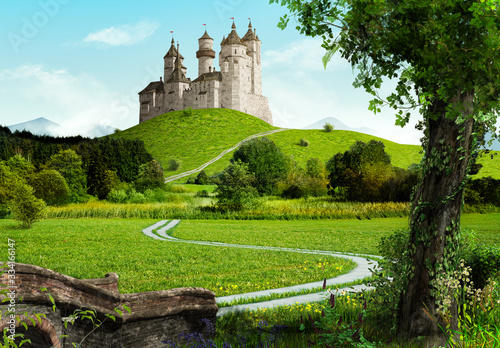 Enchanting old fairytale castle on a top of a hill