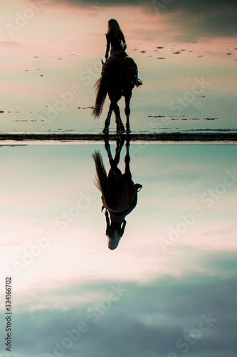 silhouette of a horseman on beach at sunset