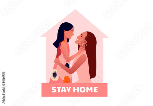 2019-ncov quarantine. Mother and daughter. Lockdown at home. Coronavirus panic. Isolated people vector illustration.