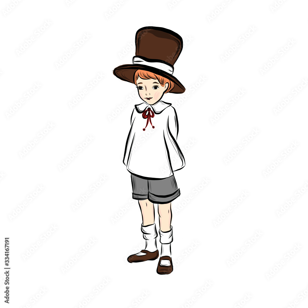 Boy in top hat standing alone isolated on white background. Happy childhood. 