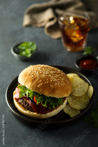 Homemade beef burger with chips