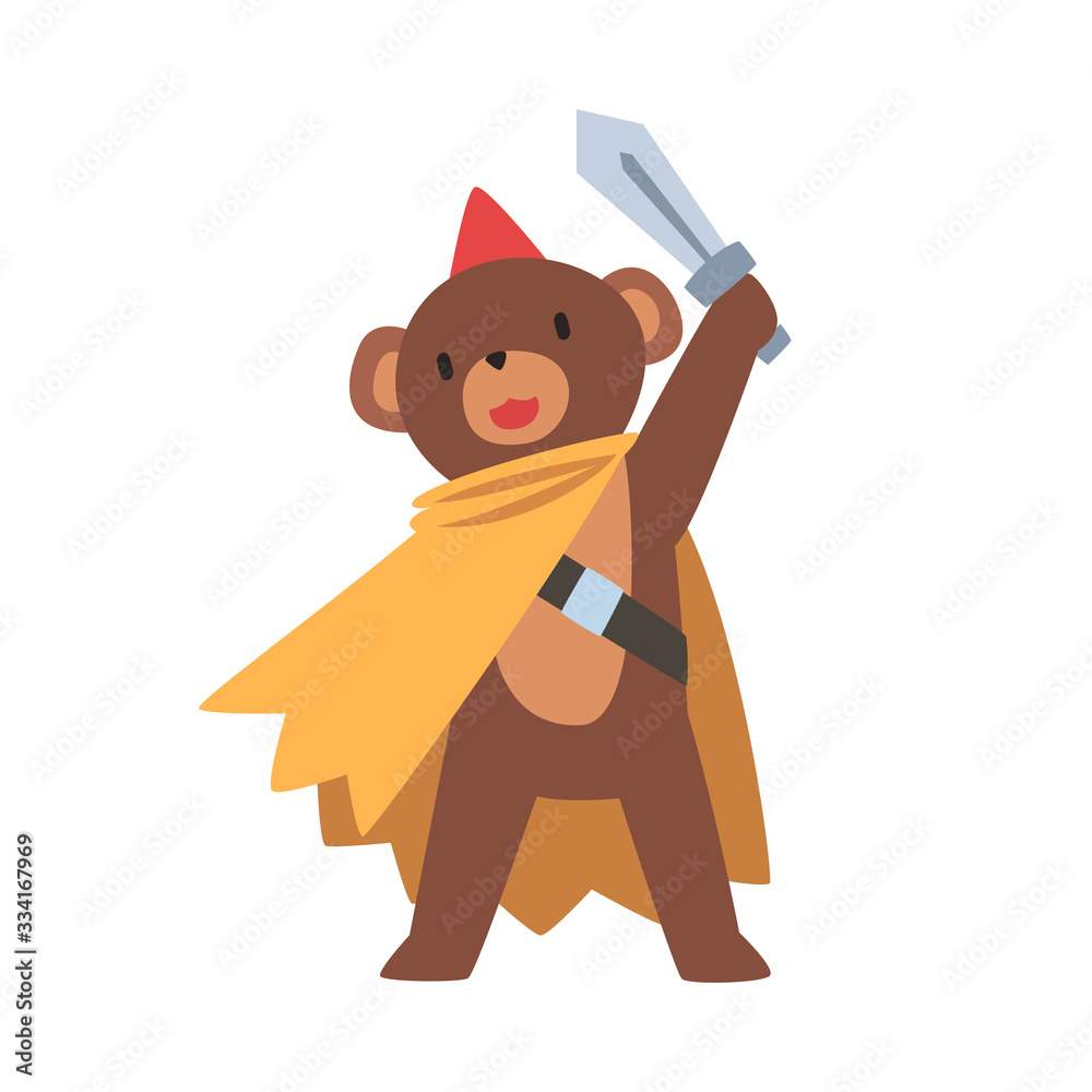 Cute Brown Bear Cartoon Character in Superhero Costume with Sword Vector Illustration Cute Brown Bear Cartoon Character in Superhero Costume with Sword Vector Illustration