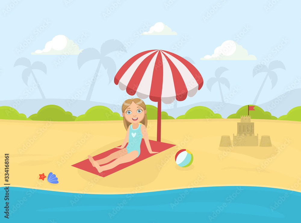 Girl Sunbathing on the Beach Under Sun Shade Parasol at Summertime Vector illustration