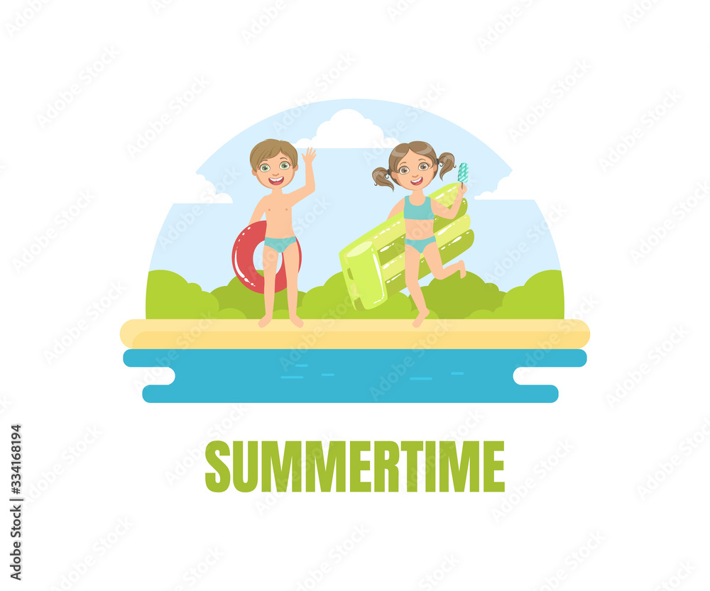 Summertime Banner Template, Boy and Girl Swimming and Having Fun on the Beach Vector Illustration