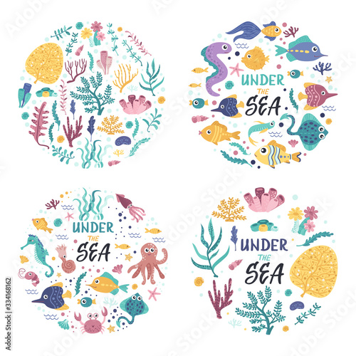 Set of posters with seaweeds and fishes.