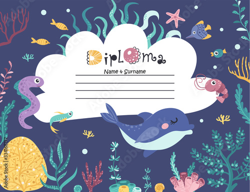 Diploma template with seaweed and sea animals