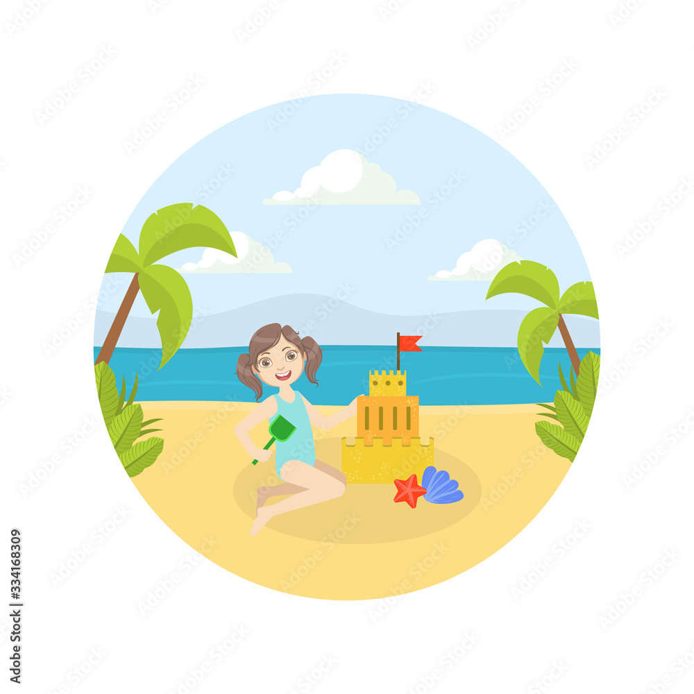 Fototapeta premium Cute Little Girl Making Sand Castle on the Beach at Summertime Vector illustration