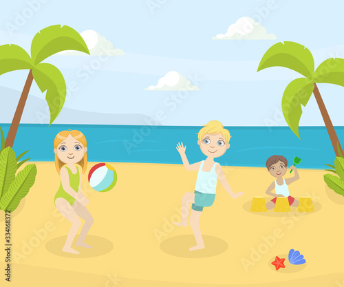 Boy and Girl Playing Ball and Having Fun on the Beach at Summertime Vector Illustration Vector illustratio
