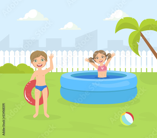 Boy and Girl Playing in Inflatable Pool in the Backyard Vector illustration