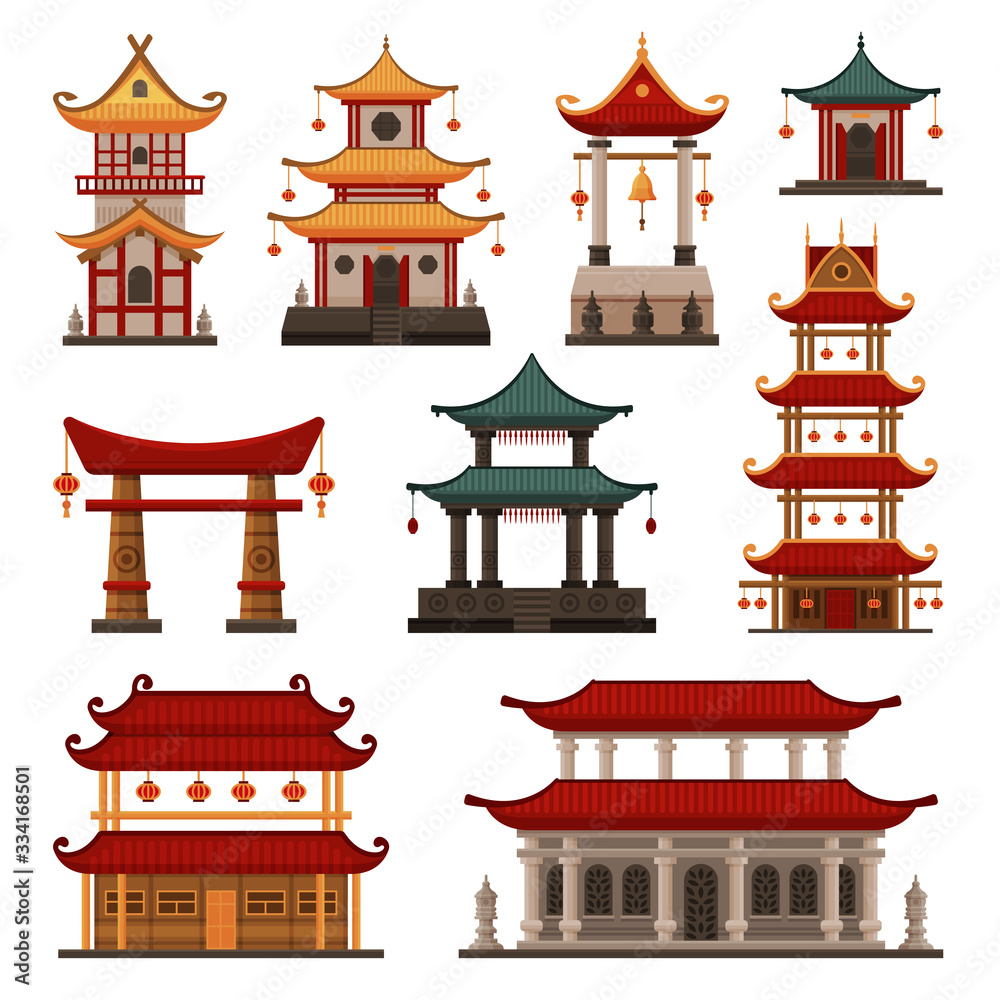 Fototapeta Traditional Chinese Buildings Set, Pagoda, Ancient Temple, Gate, Cultural Oriental Architecture Objects Vector Illustration